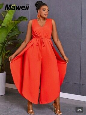 Red-Orange V-Neck Wide-Leg Jumpsuit with Draped Cape Panels
